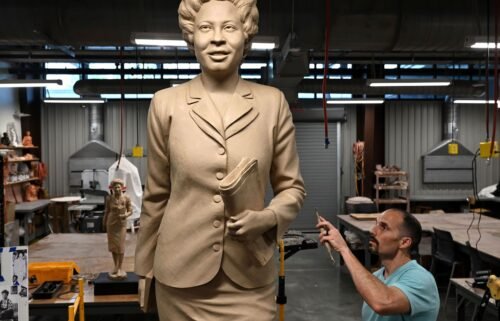 Benjamin Victor works on his sculpture of Daisy Bates at the Windgate Center of Art and Design at the The University of Arkansas at Little Rock campus in April 2022.