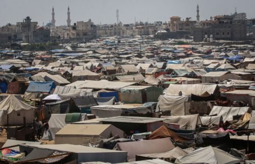 Seen here are tents erected at a temporary camp for displaced Palestinians in Rafah