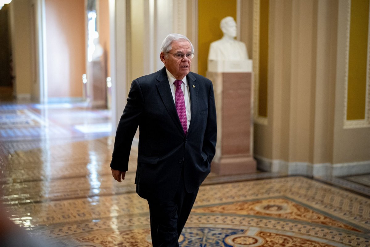 <i>Andrew Harnik/Getty Images via CNN Newsource</i><br/>U.S. Sen. Robert Menendez (D-NJ) walks towards the Senate Chamber on Capitol Hill on April 16