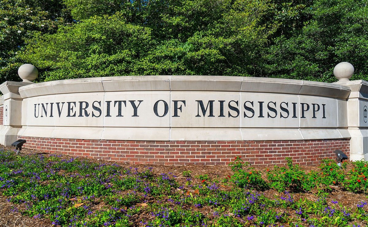<i>Wolterk/iStock Editorial/Getty Images/File via CNN Newsource</i><br/>The entrance sign and logo to the campus of the University of Mississippi.