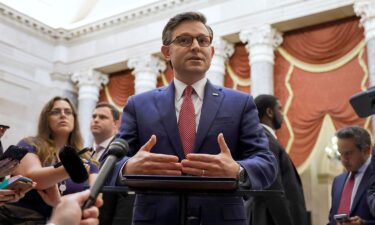 House Speaker Mike Johnson speaks with reporters in Statuary Hall after meeting with Republican Reps. Marjorie Taylor Greene and Thomas Massie in the US Capitol Building on May 6