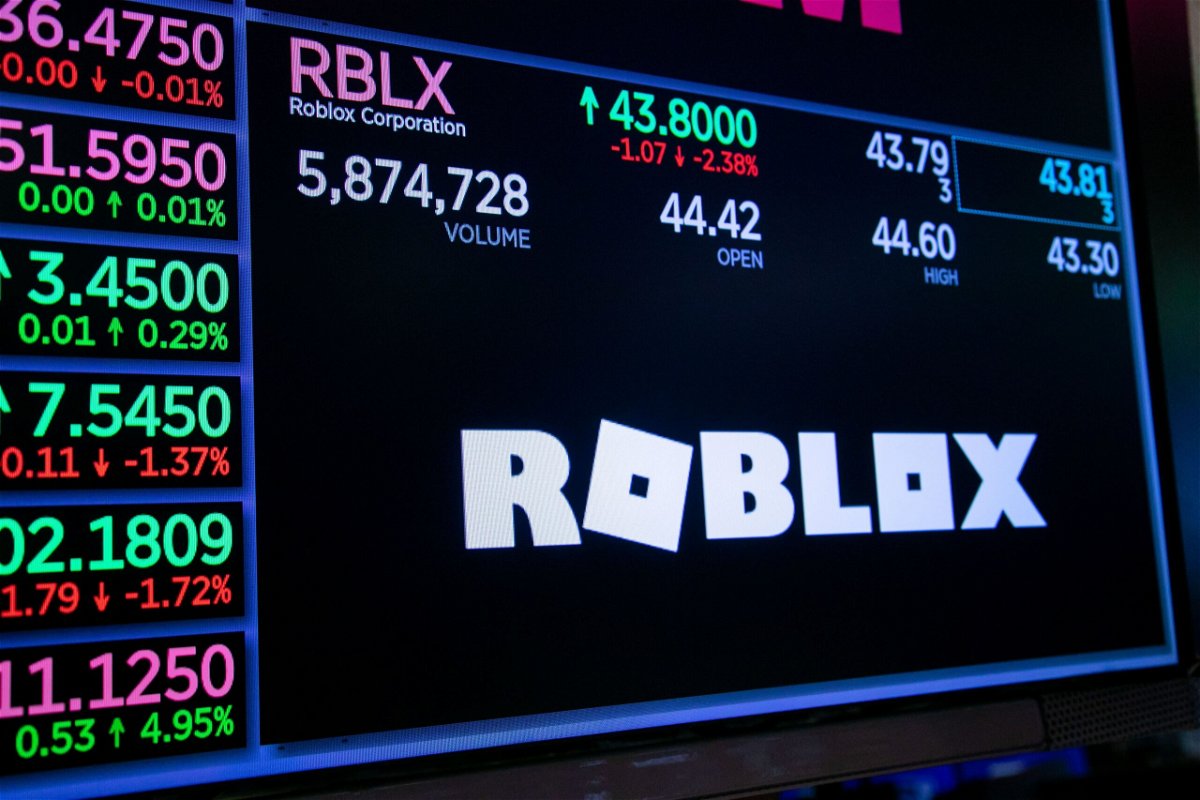 <i>Michael Nagle/Bloomberg/Getty Images/File via CNN Newsource</i><br/>A monitor displays Roblox Corp. signage on the floor of the New York Stock Exchange (NYSE) in New York on February 9.