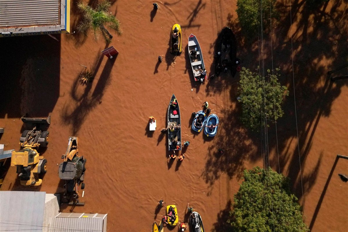<i>Florian Plaucheur/AFP/Getty Images via CNN Newsource</i><br/>An aerial view of flooded streets during rescue operations in the Sao Jao neighborhood of Porto Alegre