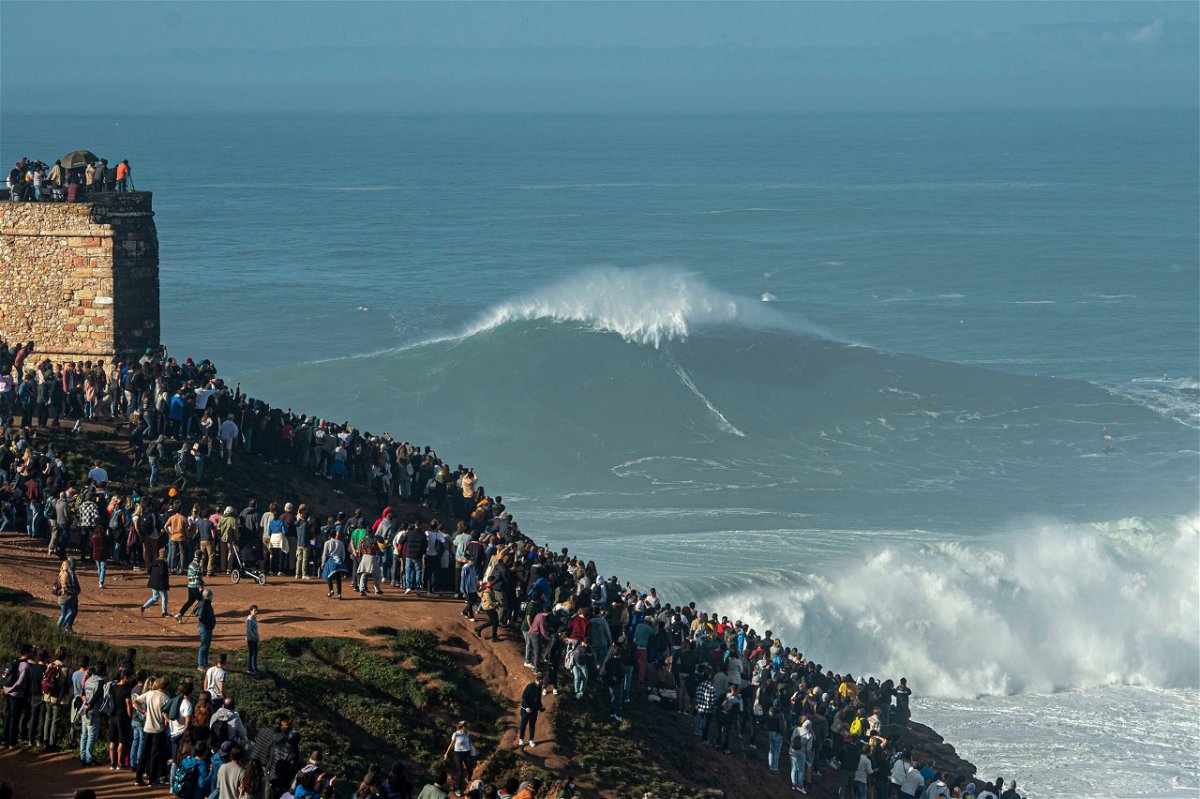 <i>Octavio Passos/Getty Images via CNN Newsource</i><br/>Steudtner rides a wave at the famed surf spot Nazaré