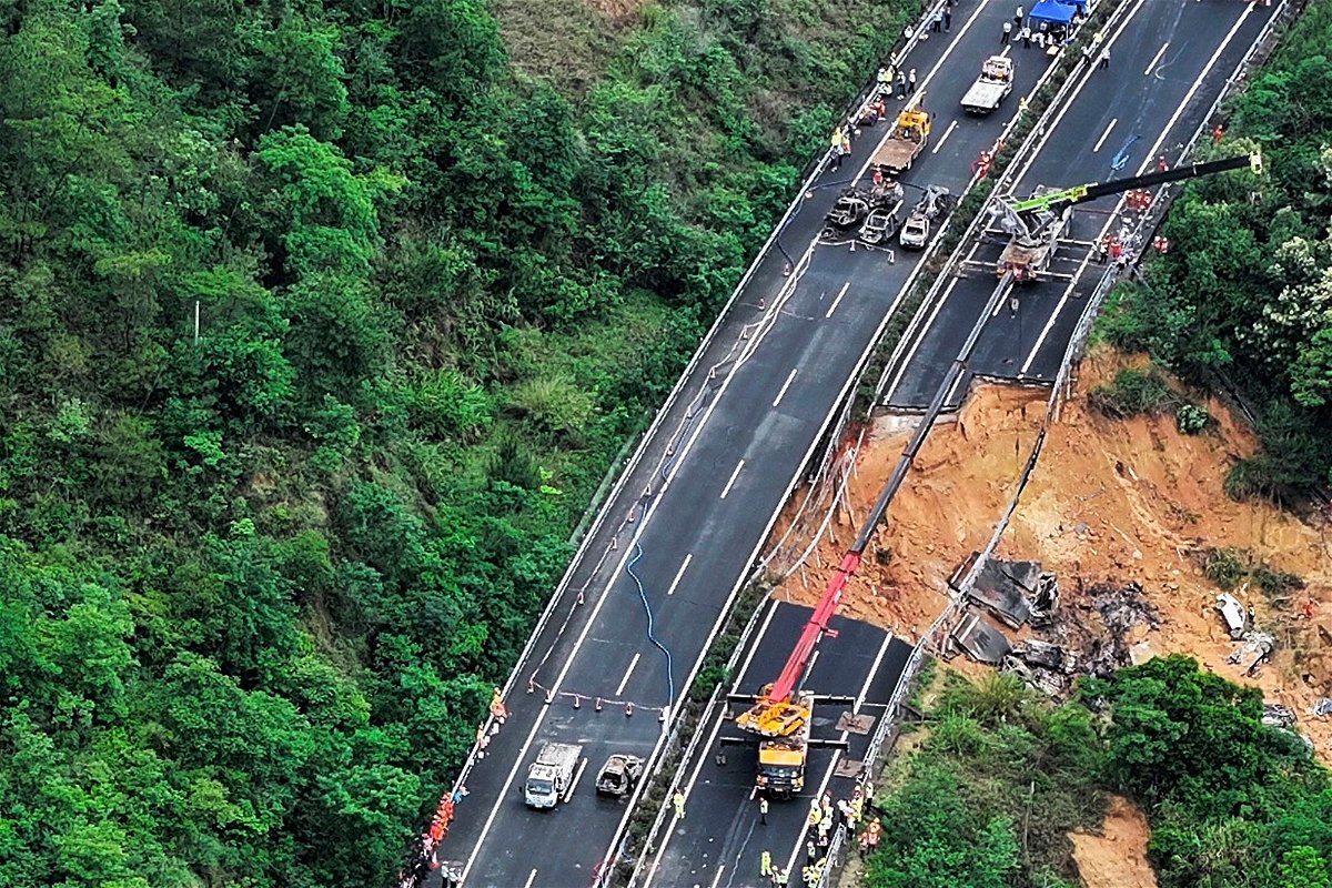 An aerial photo shows rescuers work at the site of a collapsed road section of the Meizhou-Dabu Expressway in Meizhou