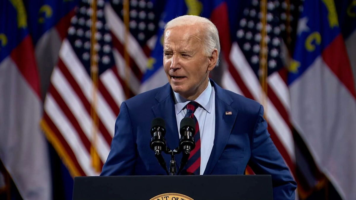 <i>POOL via CNN Newsource</i><br/>President Joe Biden delivers remarks in Wilmington