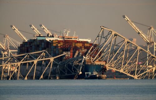 The cargo ship Dali trapped under the remains of the Francis Scott Key Bridge in Baltimore