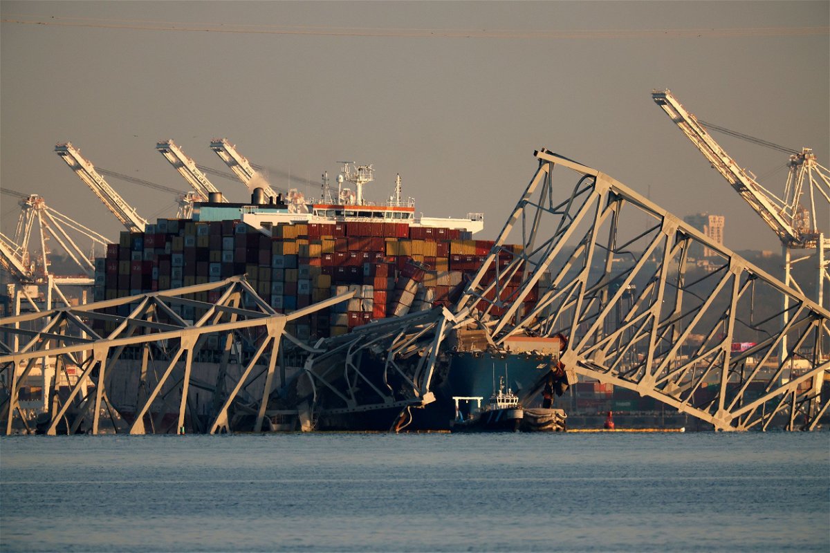 <i>Chip Somodevilla/Getty Images via CNN Newsource</i><br/>The cargo ship Dali trapped under the remains of the Francis Scott Key Bridge in Baltimore