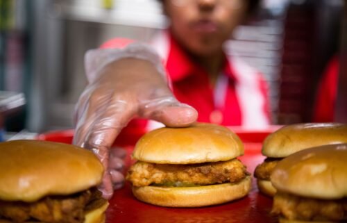 Fried chicken sandwiches cooked at a grand-opening event for a Chick-fil-A restaurant in New York.