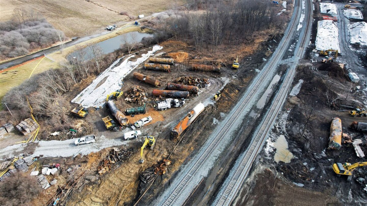 <i>Alan Freed/Reuters via CNN Newsource</i><br/>An aerial view of the site of the Norfolk Southern train derailment of a train carrying hazardous chemicals in East Palestine