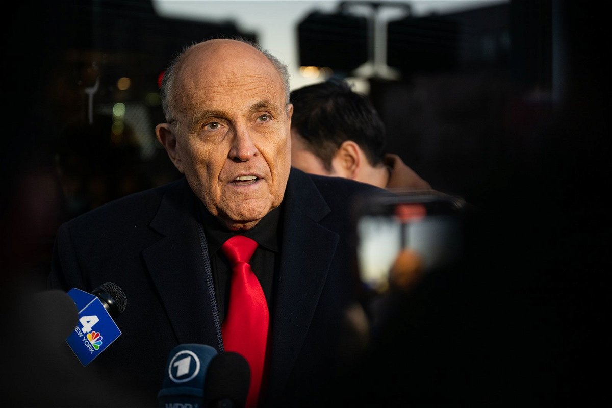 <i>Brandon Bell/Getty Images/File via CNN Newsource</i><br/>Rudy Giuliani speaks to members of the media where Republican candidate Florida Gov. Ron DeSantis was scheduled to host a campaign event on January 21