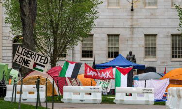 Tents and signs are seen here at the Pro-Palestinian encampment at Harvard Yard at Harvard University in Cambridge