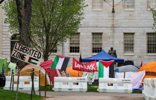 Tents and signs are seen here at the Pro-Palestinian encampment at Harvard Yard at Harvard University in Cambridge