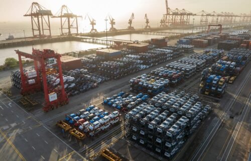 Aerial view of vehicles waiting to be shipped at Taicang Port on April 19