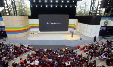 Sundar Pichai speaks about Gemini 1.5 pro during Google I/O developer conference on May 14.