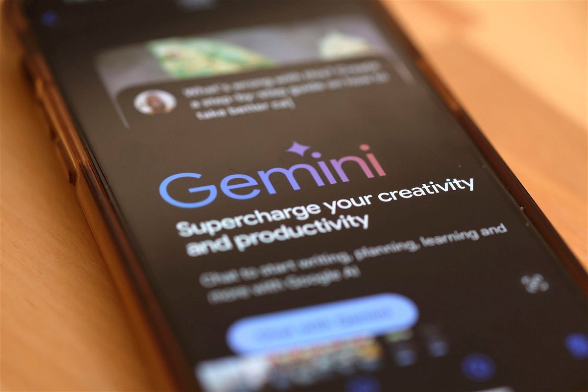 <i>Michael M. Santiago/Getty Images via CNN Newsource</i><br/>Gemini A.I. is seen on a phone on March 18 in New York City. The A.I.'s revamped search experience could potentially cause an even further decrease in audience for news outlets.