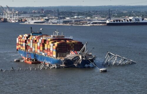 Seen here is the destroyed Francis Scott Key Bridge and the container ship Dali in the Patapsco River on May 13 in Baltimore