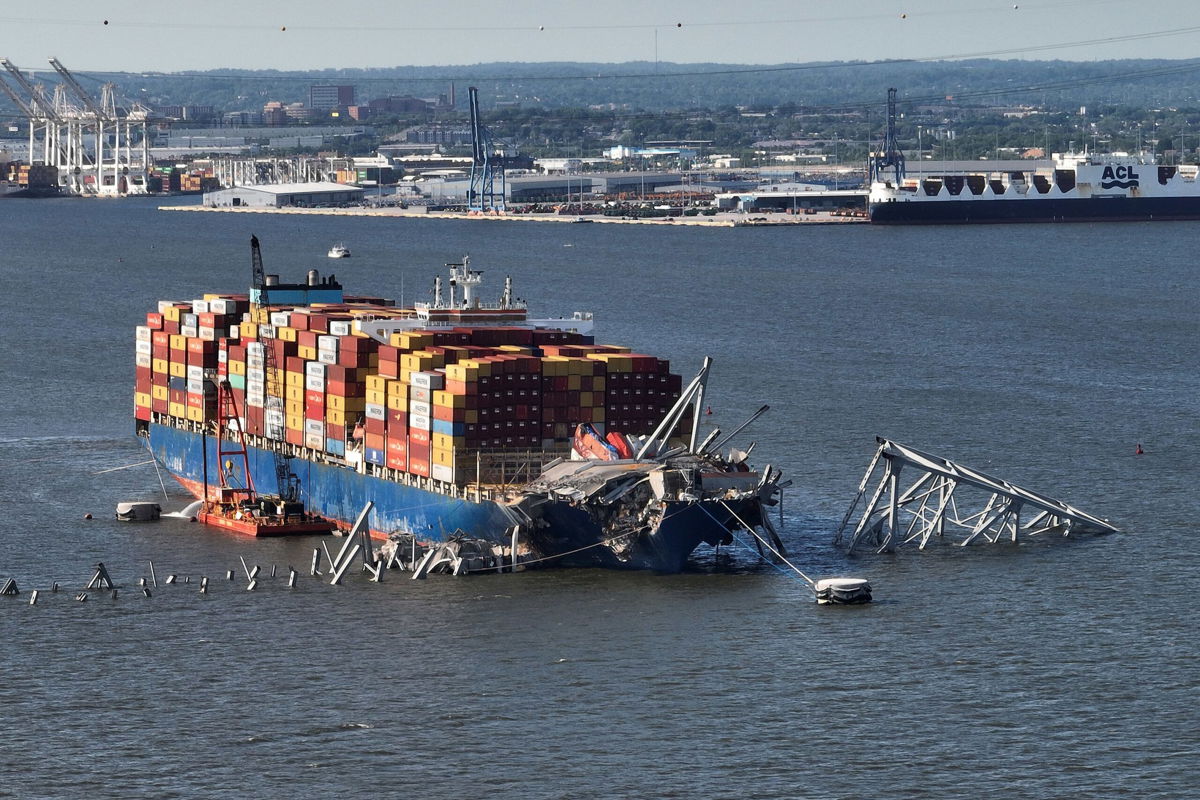 <i>Chip Somodevilla/Getty Images via CNN Newsource</i><br/>Seen here is the destroyed Francis Scott Key Bridge and the container ship Dali in the Patapsco River on May 13 in Baltimore