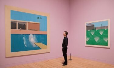 Hockney paintings "A Bigger Splash" (left) and "A Lawn Being Sprinkled."