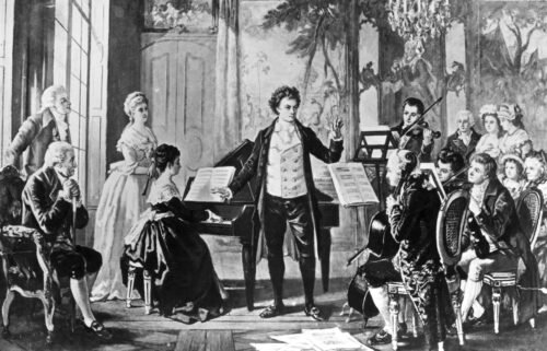 German composer Ludwig van Beethoven is shown in an illustration conducting one of his three Razumovsky string quartets