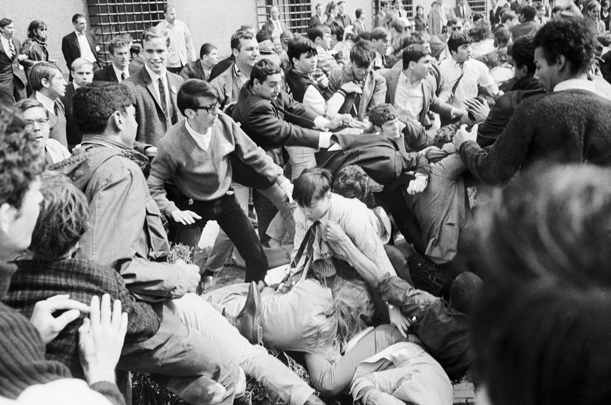 <i>Bettmann Archive/Getty Images via CNN Newsource</i><br/>Students supporting the Columbia University sit-in and counter-demonstrators engage in a short-lived free-for-all outside Low Library at Columbia University on April 29