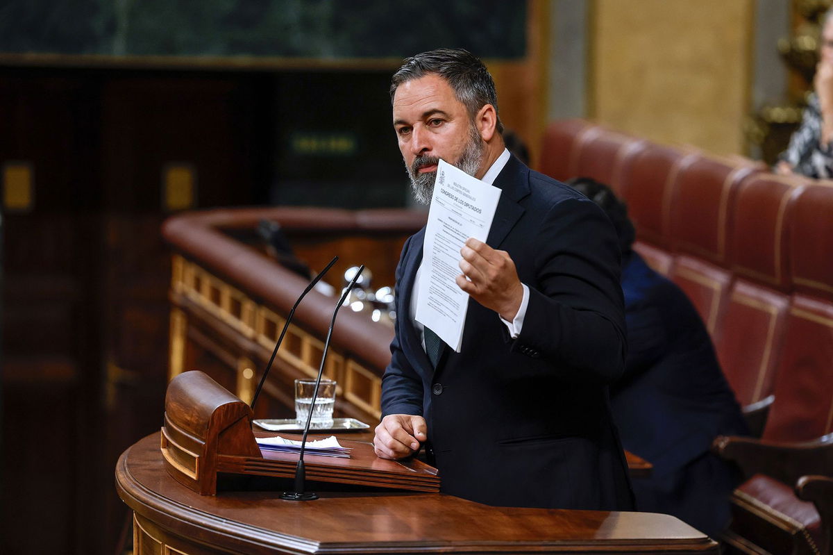 <i>JJ Guillen/EPA-EFE/Shutterstock via CNN Newsource</i><br/>Leader of right-wing Vox party Santiago Abascal debates the amnesty law on Thursday.