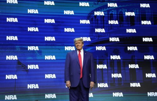 Former President Donald Trump arrives to speak at an NRA event in Indianapolis in April 2023.