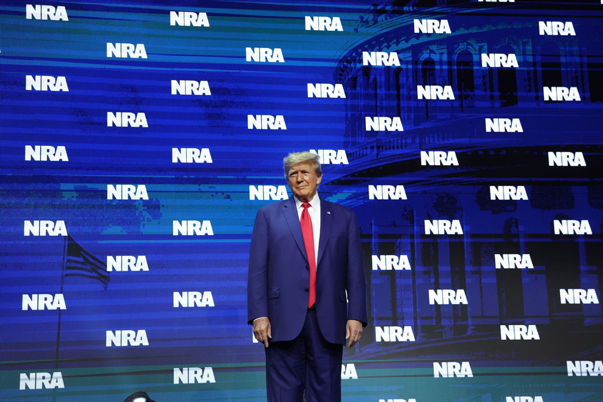 <i>Scott Olson/Getty Images via CNN Newsource</i><br/>Former President Donald Trump arrives to speak at an NRA event in Indianapolis in April 2023.
