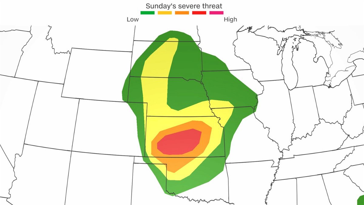 <i>CNN Weather via CNN Newsource</i><br/>Millions across parts of the Central Plains are at risk for severe weather Sunday that could bring tornadoes