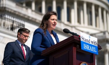 Rep. Elise Stefanik with House Speaker Mike Johnson at a news conference outside the US Capitol in Washington on May 16.