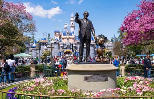 Walt Disney and Mickey Mouse are depicted in the 'Partners' statue at Disneyland in Anaheim