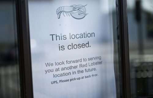 A "location closed" sign hangs in the window of a closed Red Lobster restaurant in Torrance
