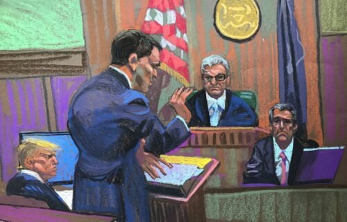 This sketch from court shows attorney Todd Blanche continuing his cross-examination of Michael Cohen on May 20.