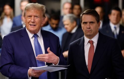 Former U.S. President Donald Trump speaks after exiting the courtroom alongside his attorney Todd Blanche during his hush money trial at Manhattan Criminal Court on May 20 in New York City. The defense rested its case in Trump’s criminal hush money trial on Tuesday.