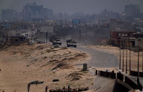 Israeli army tanks are seen in the central Gaza Strip on May 18.