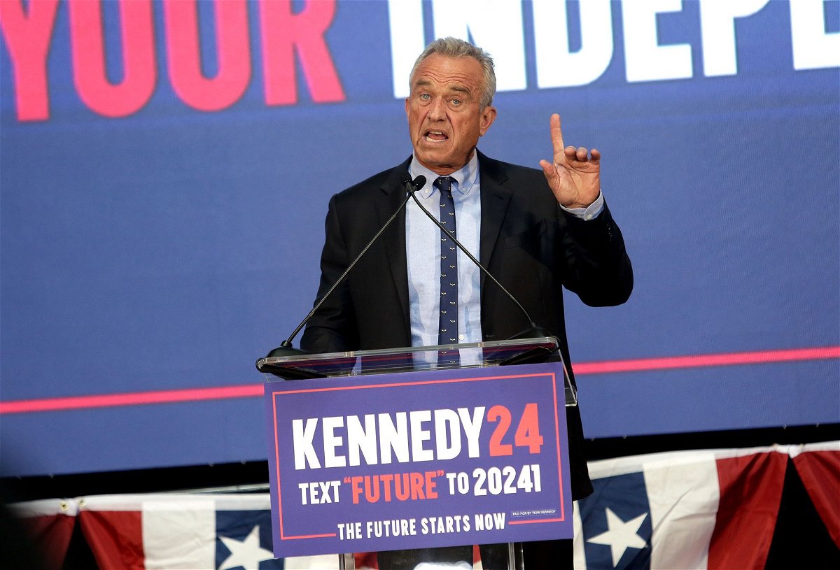 <i>Thos Robinson/Getty Images via CNN Newsource</i><br/>Independent presidential candidate Robert F. Kennedy Jr. speaks during a campaign event where he announced Nicole Shanahan as his VP pick on March 26.