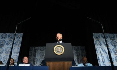 President Joe Biden and his campaign are looking to capitalize on former President Donald Trump’s posting of a video showing images of a fake newspaper article that references a “unified Reich” if he’s reelected in 2024. Biden is seen here on May 19.