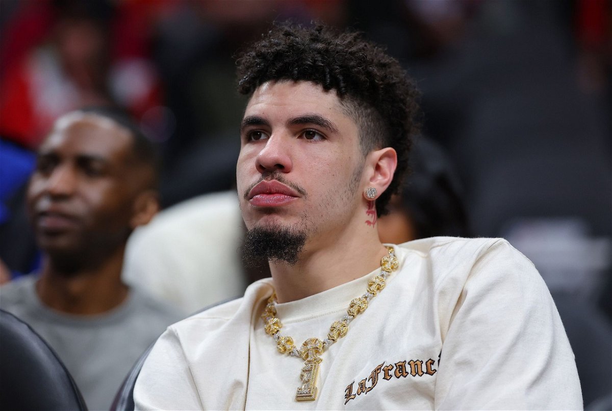<i>Kevin C. Cox/Getty Images via CNN Newsource</i><br/>LaMelo Ball looks on from the bench during the first quarter of the Charlotte Hornets' game against the Atlanta Hawks at State Farm Arena on March 23.