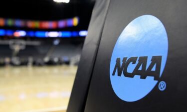 A NCAA logo is seen on the goal stanchion before the NCAA Division II National Championship Basketball game between the Minnesota State Mavericks and the Nova Southeastern Sharks.