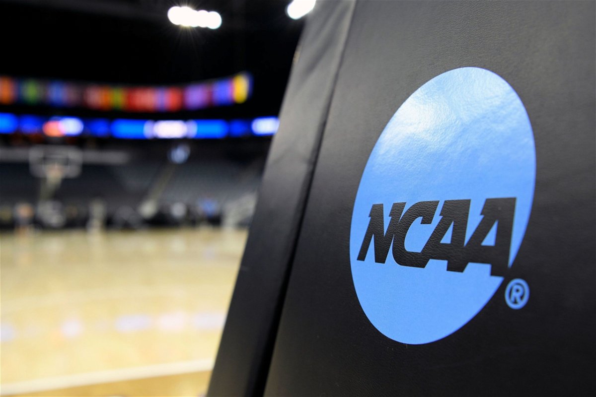 <i>Michael Allio/Icon Sportswire/Getty Images via CNN Newsource</i><br/>A NCAA logo is seen on the goal stanchion before the NCAA Division II National Championship Basketball game between the Minnesota State Mavericks and the Nova Southeastern Sharks.