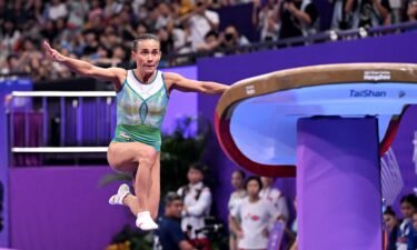 Chusovitina competes in the vault event at the 2022 Asian Games in Hangzhou
