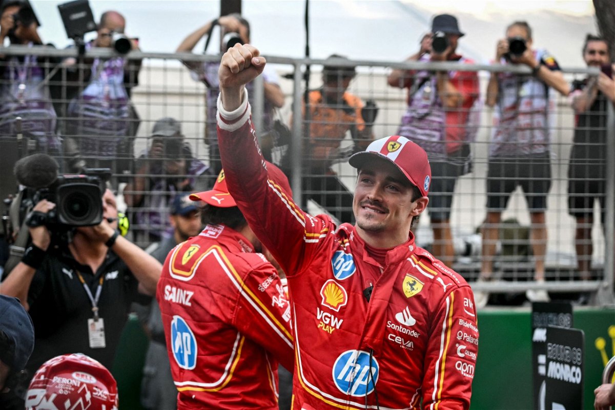 <i>Andrej Isakovic/AFP/Getty Images via CNN Newsource</i><br/>Charles Leclerc celebrates after winning his home Monaco Grand Prix on Sunday