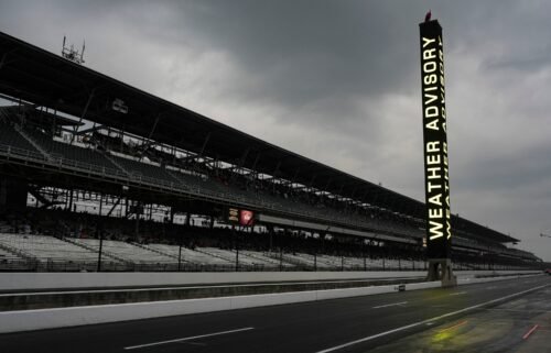 A weather advisory is posted and fans have been asked to clear the stands as storm clouds move in over the Indianapolis Motor Speedway forcing a delay for the Indianapolis 500 auto race at Indianapolis Motor Speedway in Indianapolis