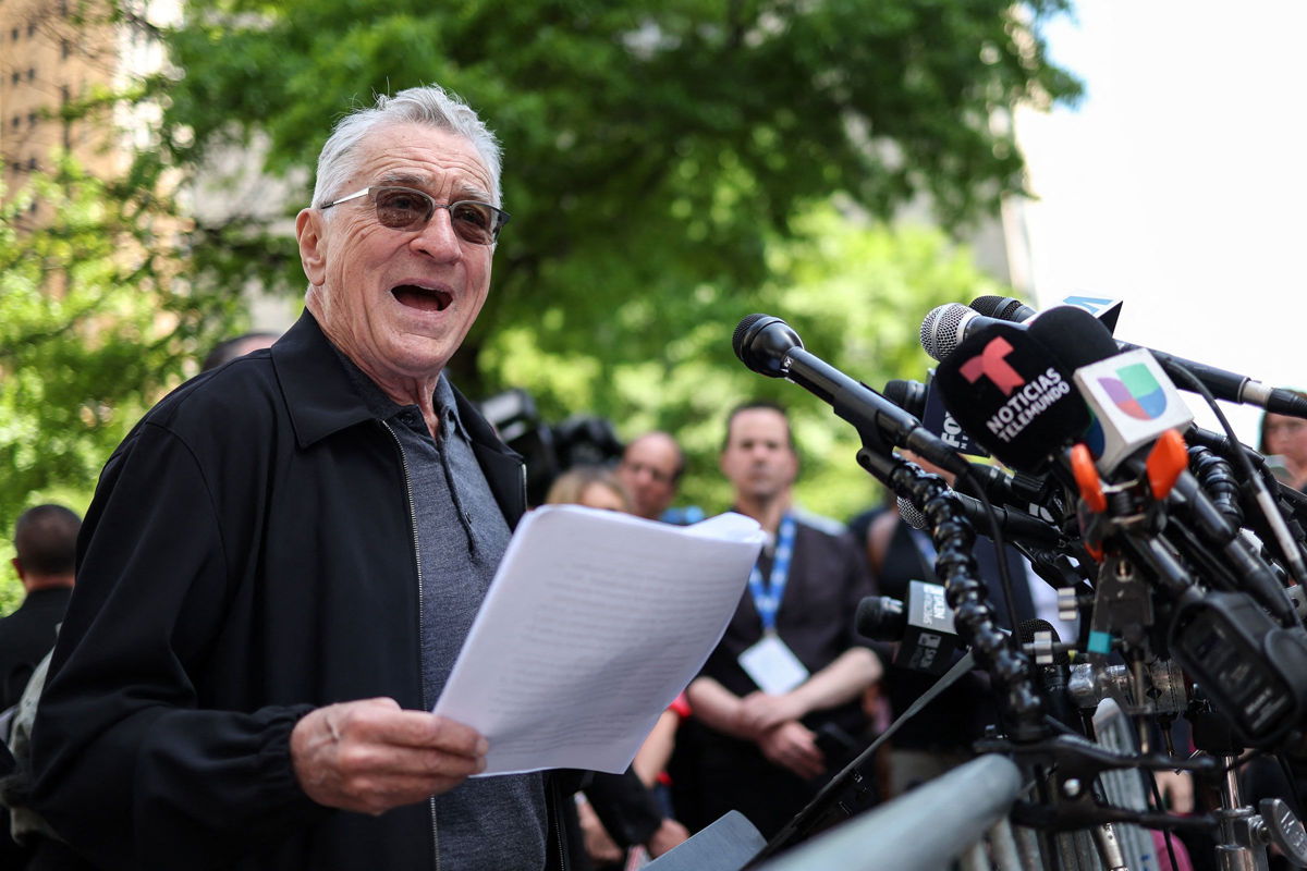<i>Charly Triballeau/AFP/Getty Images via CNN Newsource</i><br/>Robert De Niro speaks in support of President Joe Biden outside of Manhattan criminal court in New York City on May 28.