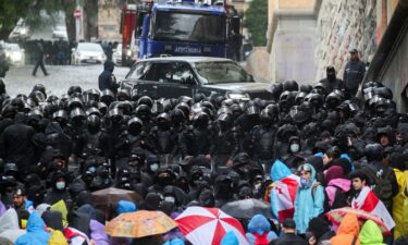 Protesters stare down riot police outside the Georgian Parliament.