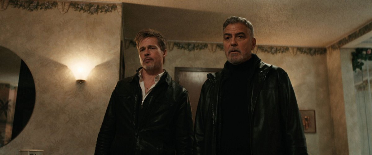 <i>Sony Pictures via CNN Newsource</i><br/>Brad Pitt and George Clooney in “Wolfs.”