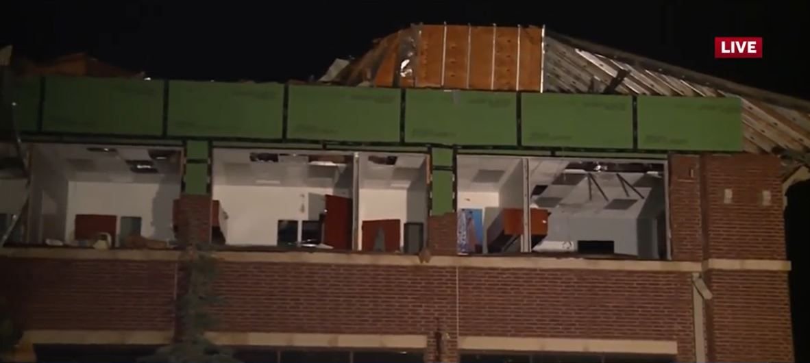 <i>KOCO via CNN Newsource</i><br/>A Britton Road office building had the windows blown out and roof blown off during destructive winds.