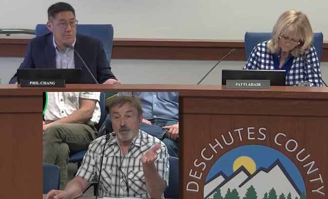Deschutes County commissioners Phil Chang, Patti Adair heard Wednesday from several area residents, including Gary Knight, opposed to early proposal for RV campground, possible park, trails on nearby county-owned property north of Bend.
