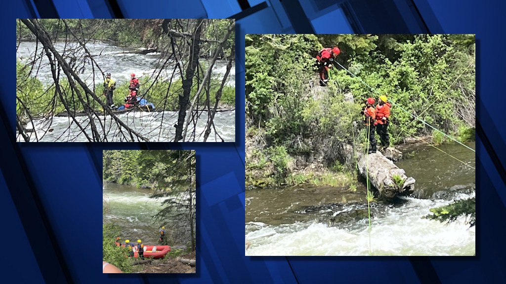 Ropes and inflatable boats were part of the tricky rescue effort for a Eugene man who fell into the Deschutes River below Benham Falls on Sunday