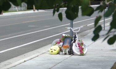 The memorial featuring a banged up kids bicycle wrapped in flowers